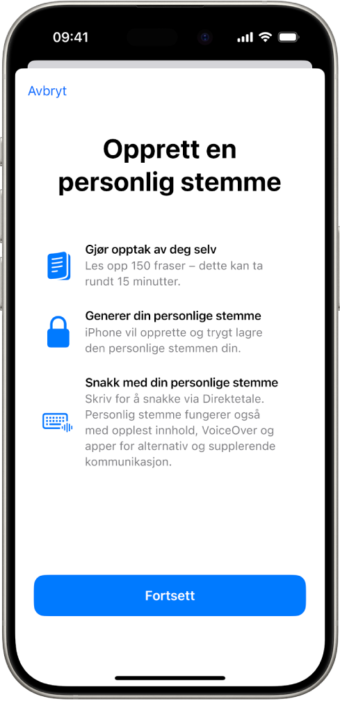 En iPhone med informasjon om hvordan du genererer en personlig stemme.