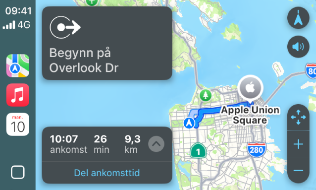 CarPlay som viser Kart, Musikk og Kalender i sidepanelet. En navigasjonsrute fra Apple Park til Apple Union Station vises.