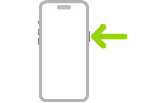 Ilustracja przestawiająca iPhone’a; strzałka wskazuje przycisk boczny w prawej górnej części urządzenia.