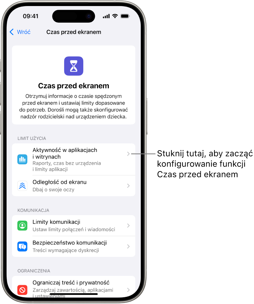Ekran konfigurowania funkcji Czas przed ekranem, wyświetlający wskazówkę, aby rozpocząć, stukając w Aktywność w aplikacjach i witrynach.