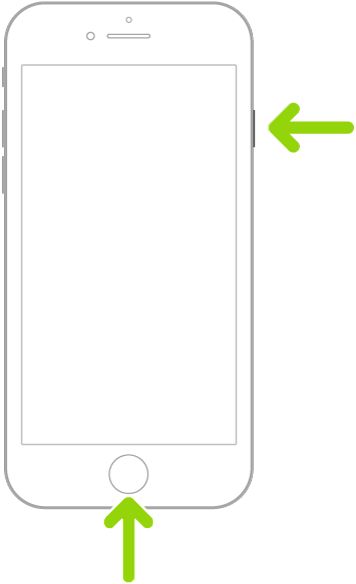 iPhone z Touch ID. Jedna strzałka wskazuje przycisk boczny, a druga strzałka wskazuje przycisk główny. Strzałki pokazują, jak wykonać zrzut ekranu.