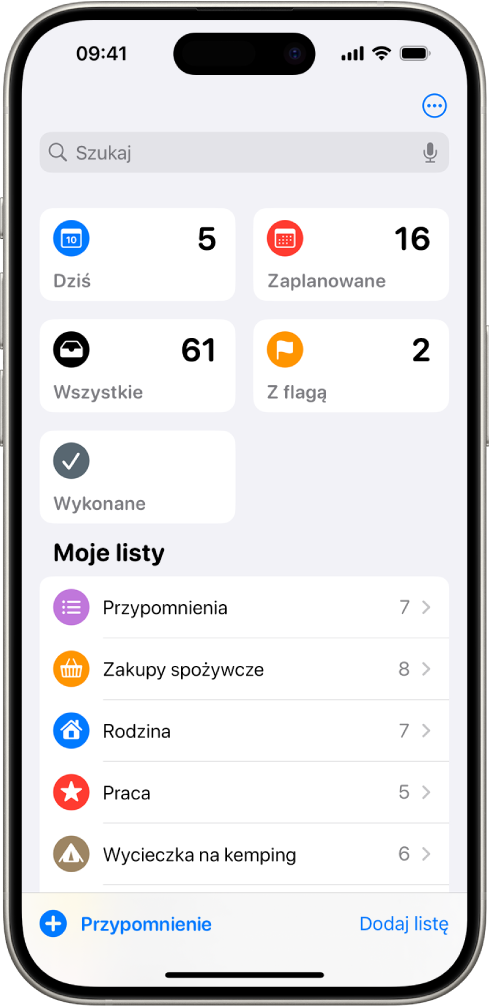 Ekran aplikacji Przypomnienia z polem wyszukiwania u góry ekranu i wieloma listami niżej.