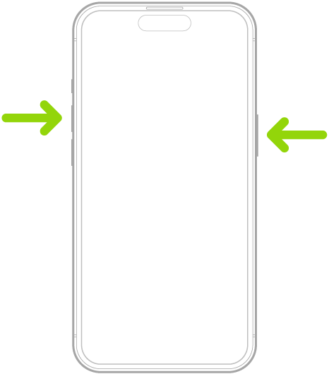 iPhone z Face ID. Jedna strzałka wskazuje przycisk boczny, a druga strzałka wskazuje przycisk zwiększania głośności. Strzałki pokazują, jak wykonać zrzut ekranu.