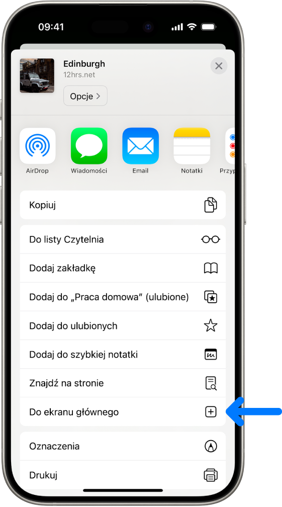 Po stuknięciu w przycisk Udostępnij w Safari wyświetlona została lista opcji, w tym Do ekranu głównego.