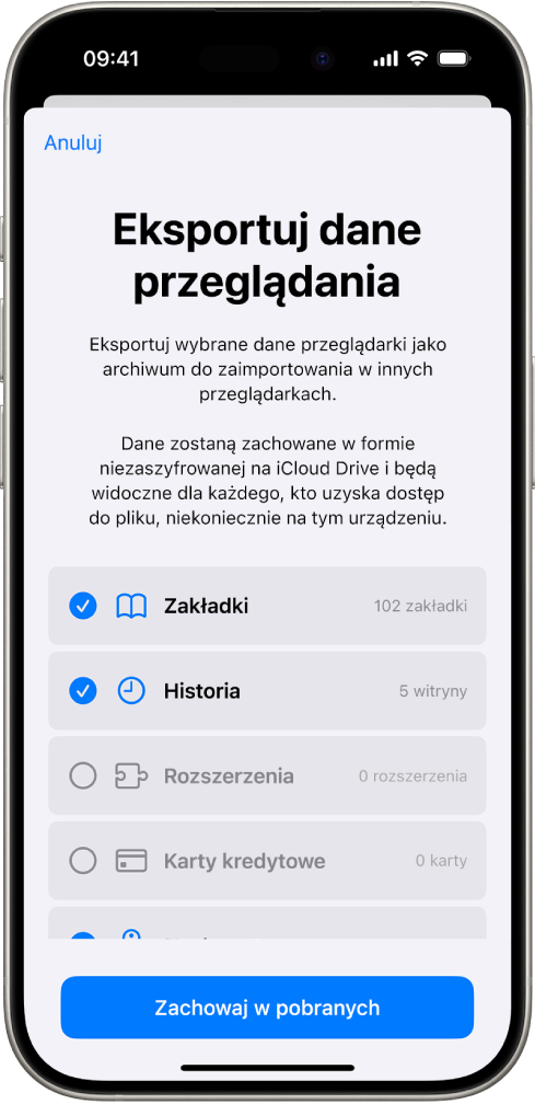 Ekran Eksportuj dane przeglądania. Widoczne są dane, które możesz wyeksportować z Safari do innej przeglądarki.