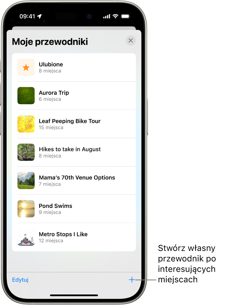 Lista kilku własnych przewodników w Mapach, w tym kategoria Ulubione. W prawym dolnym rogu znajduje się przycisk Nowy przewodnik.