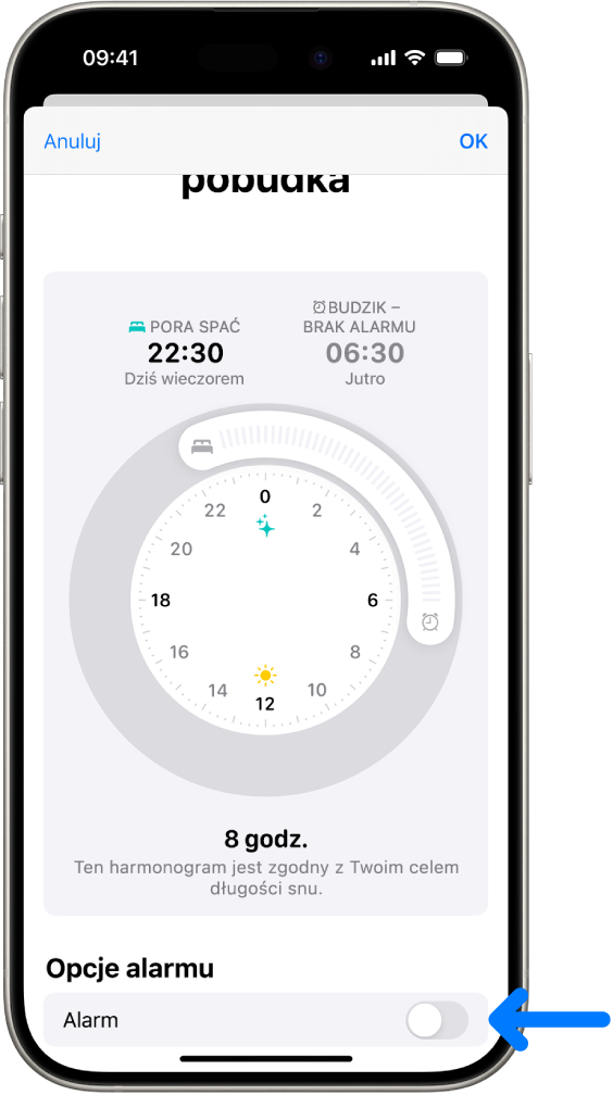 Ekran Tylko następna pobudka w aplikacji Zdrowie. Na dole widoczny jest wyłączony alarm.