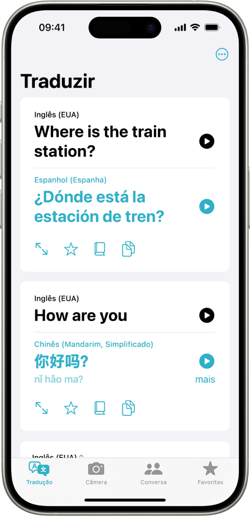 Aba Tradução, mostrando frases traduzidas do inglês para o espanhol e do inglês para o mandarim.