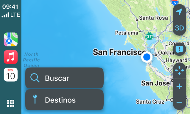 Tela do CarPlay mostrando um mapa de São Francisco. À direita estão os botões de localização, 3D, aviso de perigos e zoom. Na parte inferior estão os botões Buscar e Destinos.