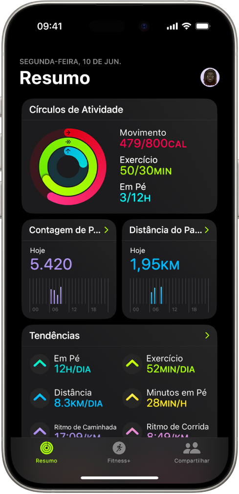 Tela Resumo do app Fitness, mostrando as áreas de Círculos de Atividade, Contagem de Passos, Distância do Passo e Tendências.