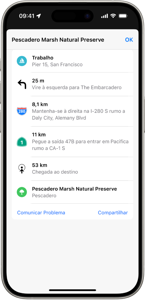 Os itinerários ponto a ponto de uma rota mostrados em uma lista.