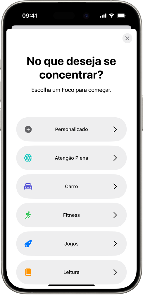Tela de configuração de Foco para as opções adicionais de Foco fornecidas, incluindo Personalizado, Carro, Exercício, Jogos, Atenção Plena e Leitura.
