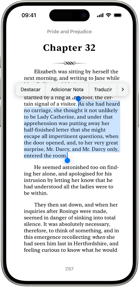 Página de um livro no app Livros, com uma parte do texto da página selecionado. Os controles Destacar, Adicionar Nota e Traduzir estão acima do texto selecionado.