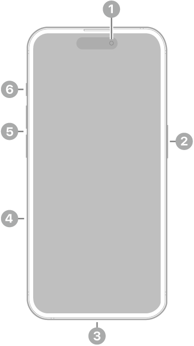 iPhone 15 Pro visto de frente. A câmara frontal encontra-se na parte superior, ao centro. O botão lateral encontra-se no lado direito. O conector USB-C encontra-se na parte inferior. No lado esquerdo, de baixo para cima, encontram-se o tabuleiro do SIM, os botões de volume e o botão Ação.
