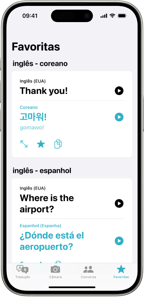 O separador “Favoritos” com frases guardadas traduzidas de inglês para coreano e de inglês para espanhol.