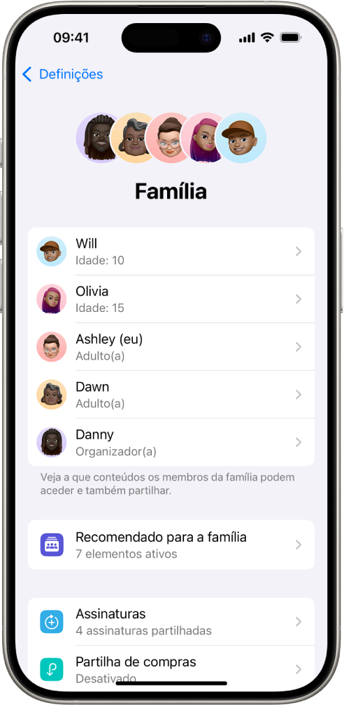 O ecrã Partilha com a família nas Definições. Estão indicados cinco membros da família e são partilhadas 4 assinaturas com a família.