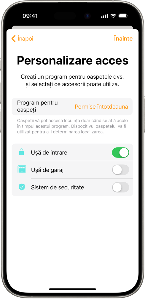 Ecranul Personalizare acces din aplicația Locuință, afișând programul pentru oaspeți și accesul la ușa din față, ușa garajului și sistemul de securitate.