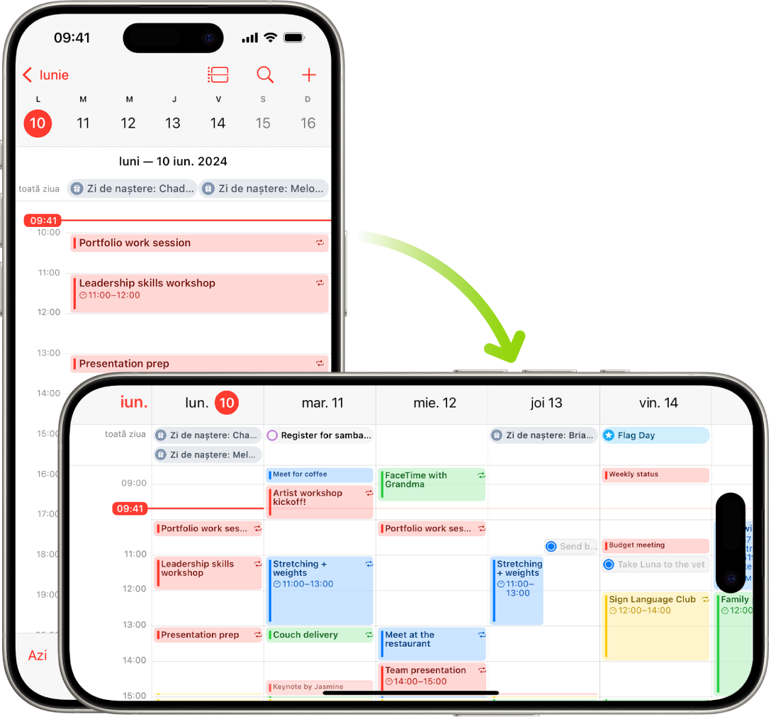 În fundal, iPhone-ul afișează un ecran Calendar, prezentând evenimentele dintr-o zi în orientarea portret; în prim-plan, iPhone-ul este rotit în orientarea peisaj, afișând evenimentele Calendar pentru întreaga săptămână.