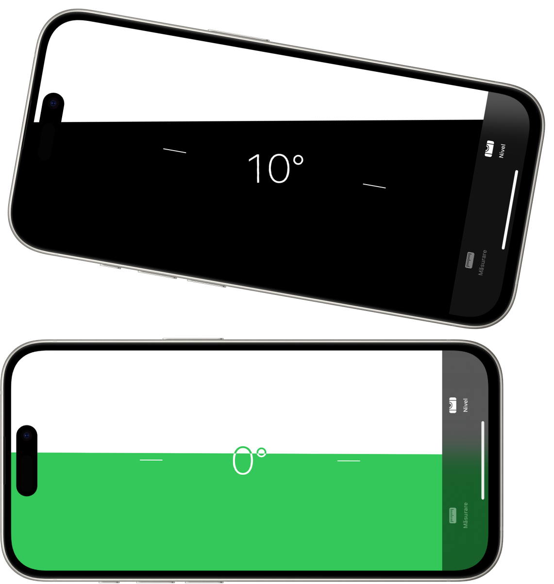 Ecranul nivelei din aplicația Măsurare. În partea de sus, iPhone-ul este înclinat la un unghi de 10 grade; în partea de jos, iPhone-ul este drept.