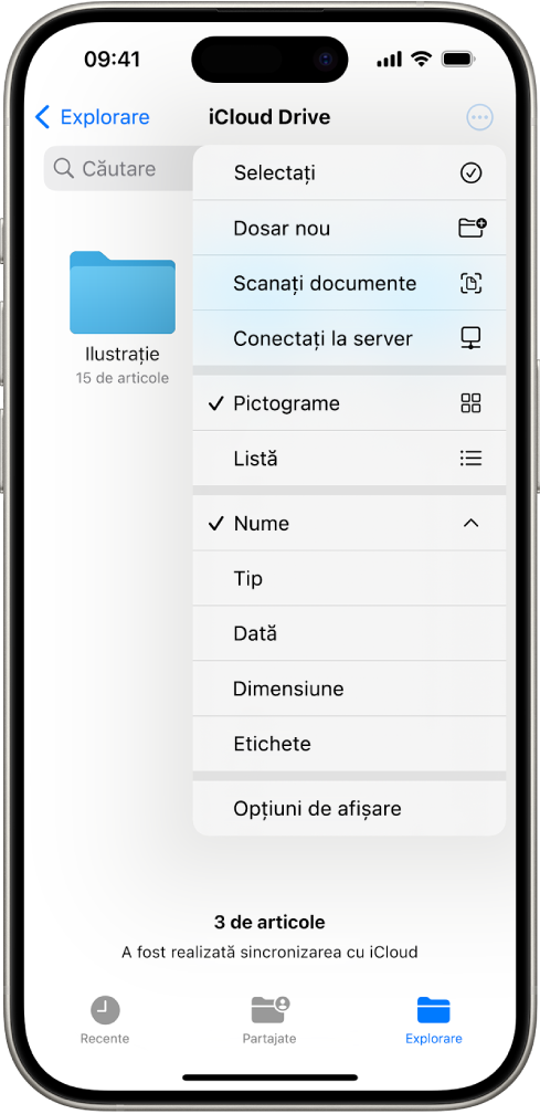 Aplicația Fișiere cu butonul Mai multe selectat. În meniul vizibil se află opțiunile Selectați, Dosar nou, Scanați documente și Conectați la server. Sub acestea sunt opțiuni pentru vizualizarea articolelor de pe ecran ca pictograme sau ca listă. În partea de jos sunt opțiuni de sortare după Nume, Tip, Dată, Dimensiune și Etichete, urmate de Opțiuni de afișare.