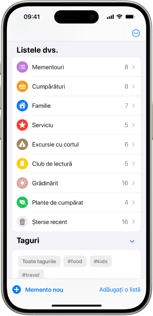 Aplicația Mementouri afișând mai multe liste și browserul de taguri în partea de jos.