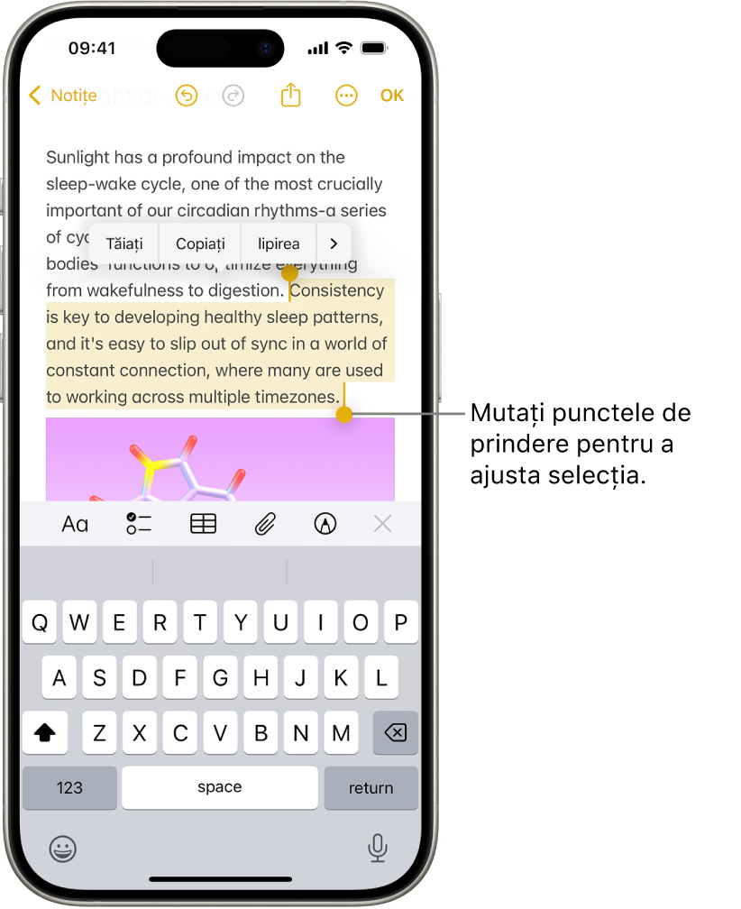 Un text este selectat într-o notiță din aplicația Notițe. Deasupra textului selectat se află butoanele pentru tăiere, copiere, lipire și auto-completare. Textul selectat este evidențiat, cu puncte pentru ajustarea selecției la fiecare capăt.