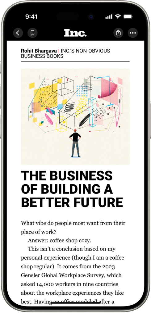 Článok v apke Apple News. V ľavom hornom rohu obrazovky je tlačidlo Späť na návrat do apky Akcie a tlačidlo Označiť záložkou. Vpravo hore sa nachádzajú tlačidlá Veľkosť textu a Ďalšie akcie.