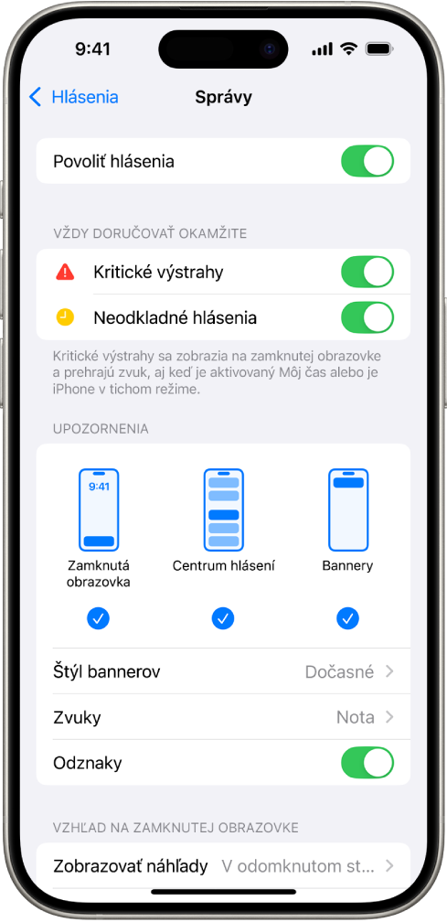 iPhone s nastaveniami apky Správy pre hlásenia a upozornenia.