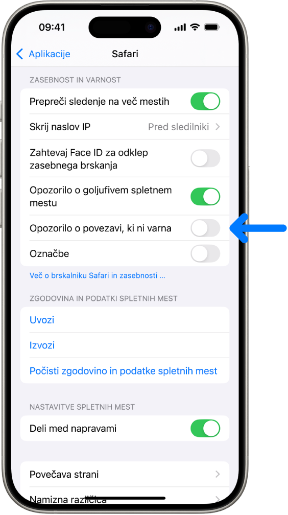 Gumb Opozorilo o nevarni povezavi, ki se nahaja v možnosti Zasebnost in varnost na zaslonu aplikacije Safari v Nastavitve.
