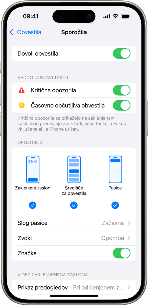 iPhone z nastavitvami aplikacije Sporočila za obvestila in opozorila.