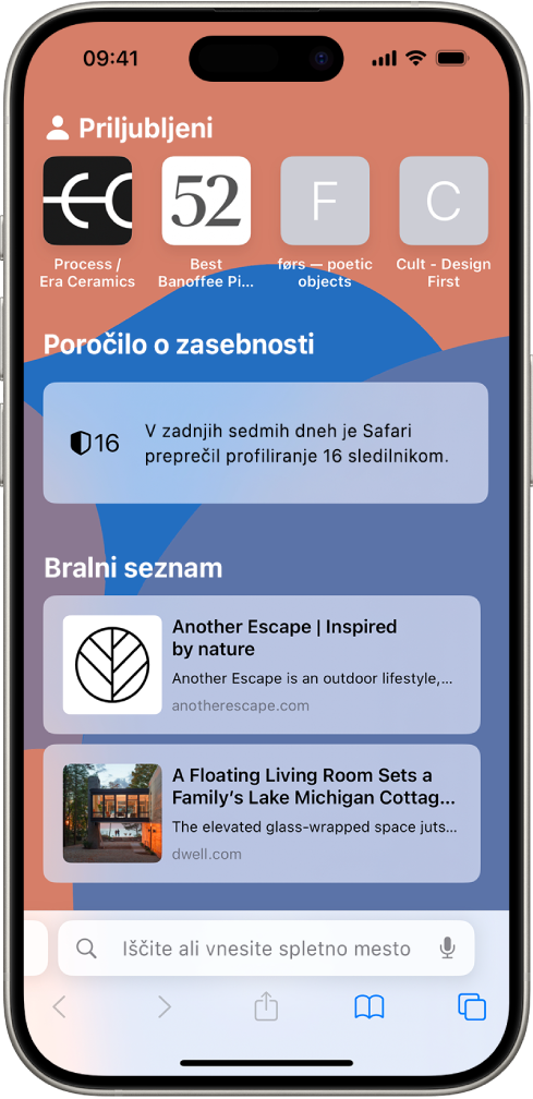 Začetna stran v aplikaciji Safari, ki prikazuje priljubljena spletna mesta, poročilo o zasebnosti in spletna mesta, shranjena na bralni seznam.