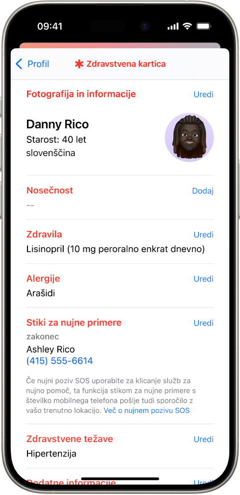 Zaslon Zdravstvena kartica, ki vsebuje informacije, vključno z datumom rojstva, zdravili, alergijami, stiki za nujne primere in zdravstvenimi stanji.
