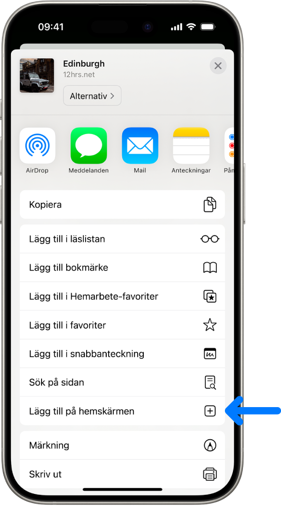 Delningsknappen på en webbplats i Safari har blivit tryckt på och en lista med alternativ visas, inklusive Lägg till på hemskärmen.