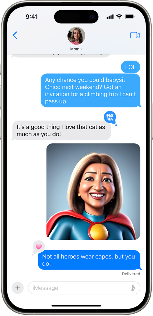 iPhone సందేశాల యాప్లో సంభాషణను చూపుతోంది. Image Playgroundతో సృష్టించబడిన ఇమేజ్ స్క్రీన్ మధ్యలో కనిపిస్తుంది.