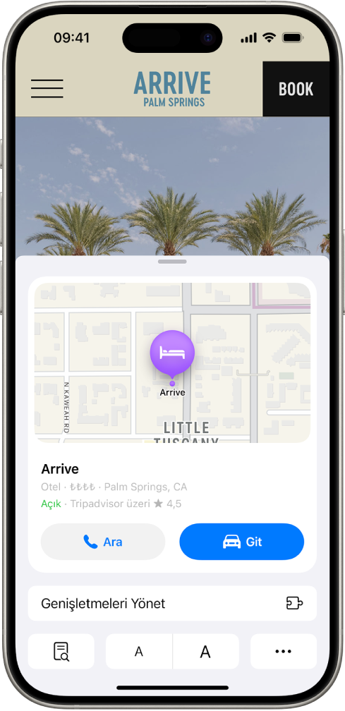 Safari uygulaması, Palm Springs’deki bir otel hakkında harita, oteli arama ve yol tarifi alma düğmeleri ve rezervasyon yaptırma bağlantısı da dahil olmak üzere öne çıkanları gösteriyor.
