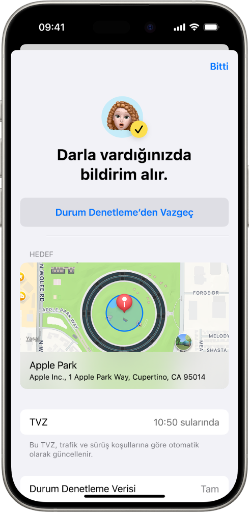 Arkadaşınıza 14 dakika sonra bildirim gönderileceğini gösteren bir Durum Denetleme ekranı; onun altında süreyi uzatma veya Durum Denetleme’den vazgeçme seçenekleri var. En altta şu anki konumu gösteren bir harita var.