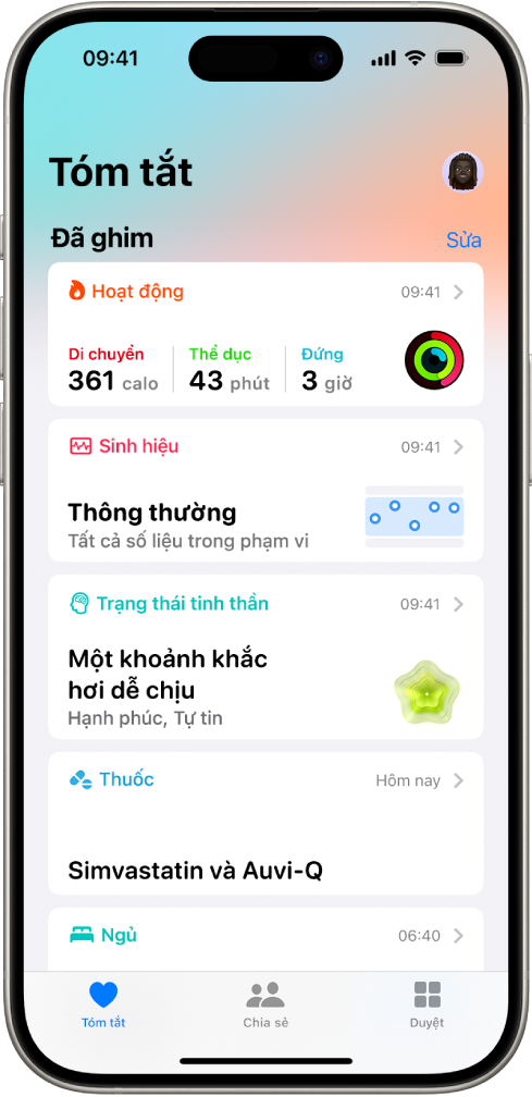 Màn hình Tóm tắt trong Sức khỏe. Thông tin về hoạt động, sinh hiệu, trạng thái tinh thần và thuốc xuất hiện bên dưới Đã ghim.