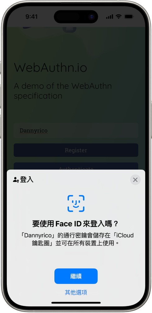 iPhone 螢幕下半部提供使用通行密鑰登入網站的選項。顯示用於儲存通行密鑰的「繼續」按鈕,還有一個「其他選項」按鈕。