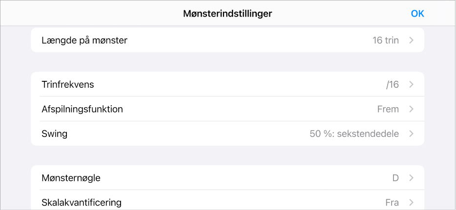 Menuen Mønsterindstillinger.