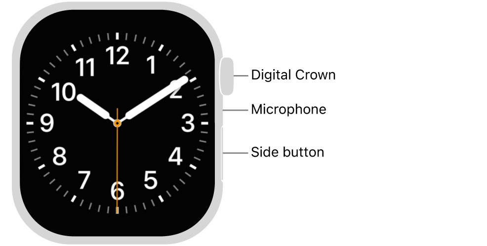 The front of Apple Watch Series 10, with the display showing the watch face, and the Digital Crown, microphone, and side button from top to bottom on the side of the watch.