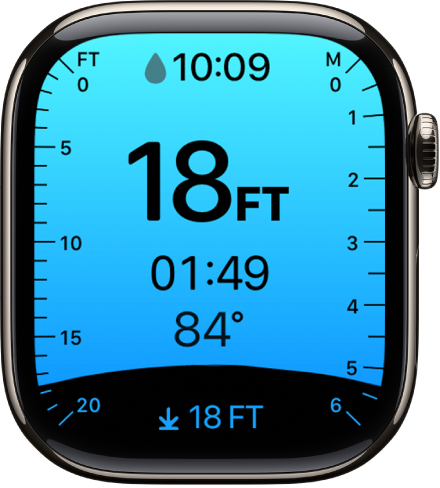 On Apple Watch Series 10, the Depth app showing the current depth, time underwater, water temperature, and the maximum depth of the dive. Markers along the left side indicate the depth in feet from 0 to 20. Markers along the right side indicate the depth in meters from 0 to 6.