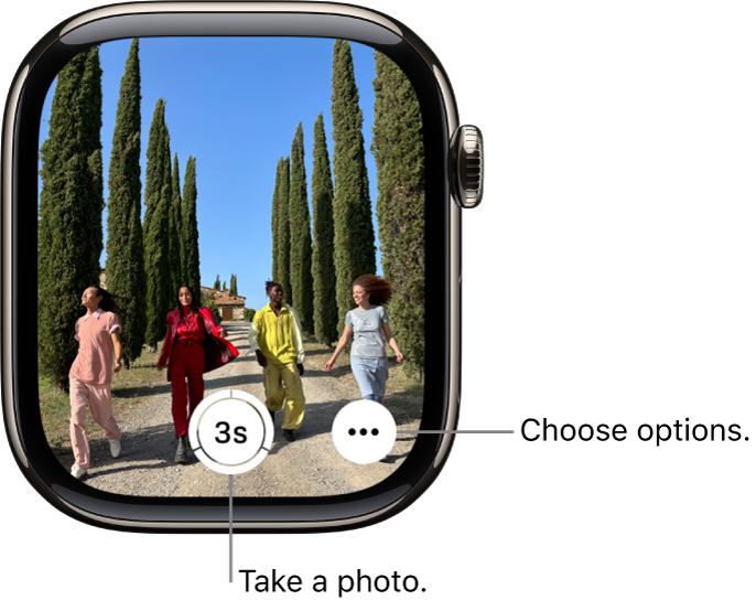 The Apple Watch screen showing what’s in the iPhone camera’s view. The shutter button is at the bottom center. The More Options button is at the bottom right.