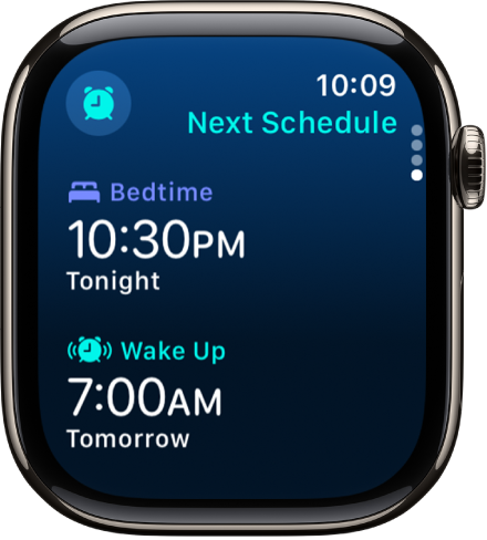 The Sleep app on Apple Watch showing the evening’s sleep schedule. Bedtime appears at the top, and Wake Up time is below it.