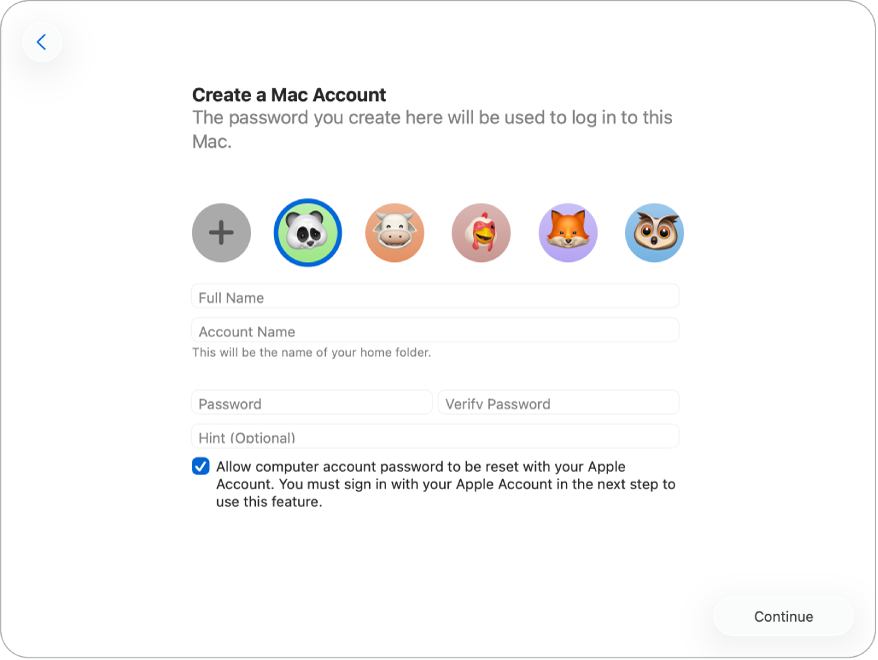 หน้าจอจากผู้ช่วยตั้งค่าที่มีข้อความว่า “สร้างบัญชี Mac”