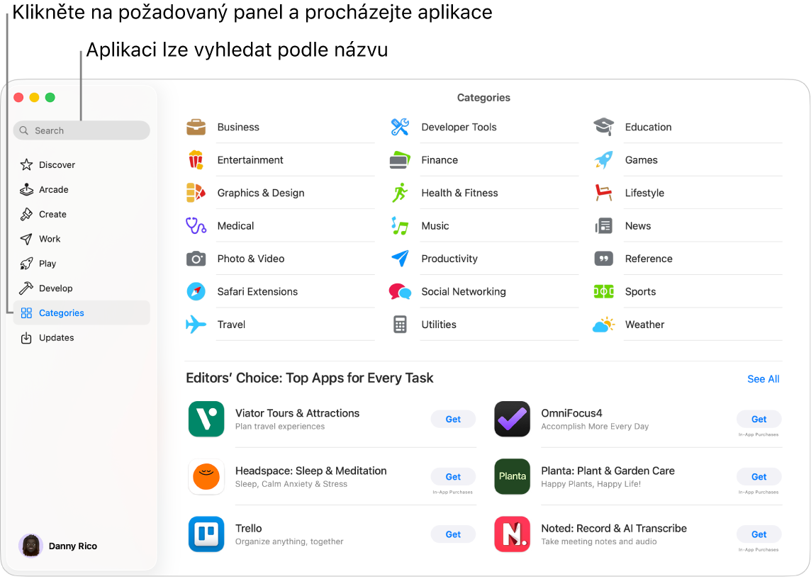 Okno App Storu, v němž jsou vidět vyhledávací pole a různé kategorie aplikací.