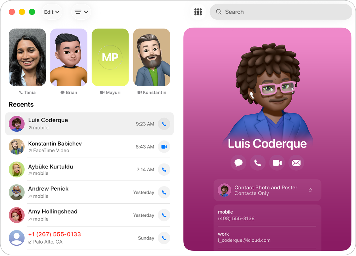 Uma janela da aplicação Telefone no Mac, com as chamadas recentes à esquerda e uma ficha de contacto à direita.