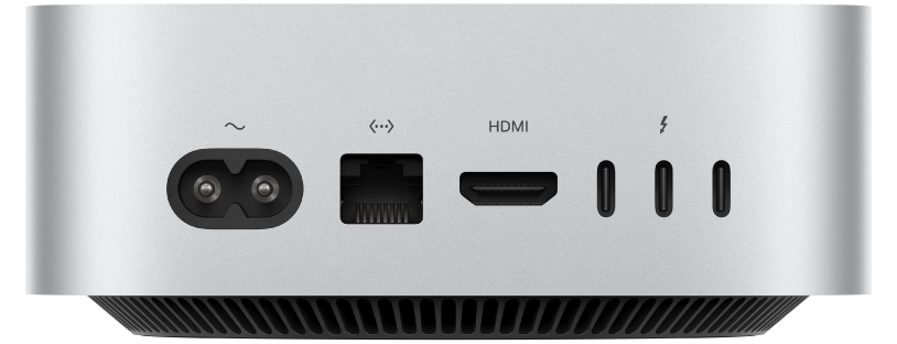 Baksidan på Mac mini och dess olika portar.