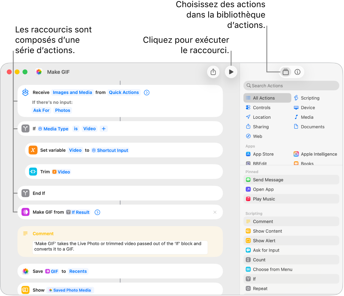 L’éditeur de raccourcis à gauche, affichant les actions du raccourci « Créer GIF ».