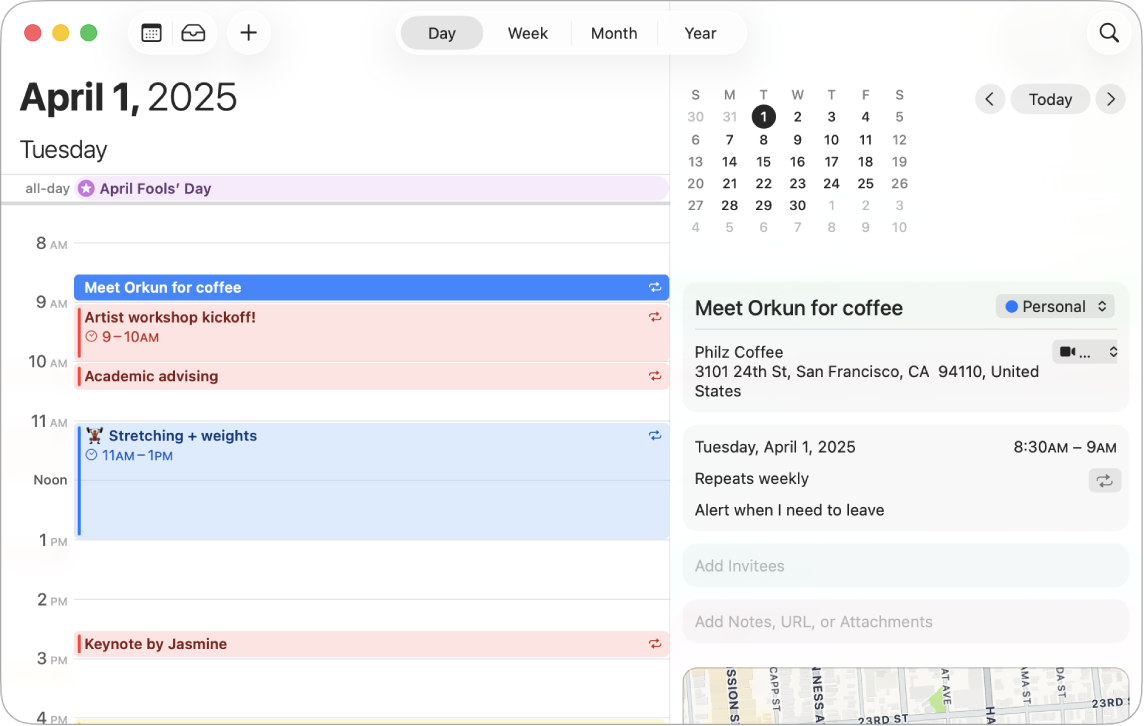 Une fenêtre Calendrier montrant la création d’un nouvel événement à 13 heures. La fenêtre Afficher les détails indique le lieu de l’événement, que l’événement est configuré pour se répéter chaque semaine et que Calendrier enverra une alerte lorsqu’il sera temps de partir.