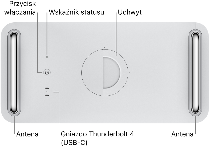 Widok Maca Pro z góry, na którym widać przycisk zasilania, lampkę wskaźnika statusu, zatrzask, dwa gniazda Thunderbolt 4 (USB-C) oraz dwie anteny, jedna po lewej, druga po prawej stronie.